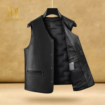 Mens Genuine Leather Vest DetachableDown Liner Wind WarmCasual Sleeveless Waistcoat Middle Elderly AutumnWinter Inner Outer Wear
