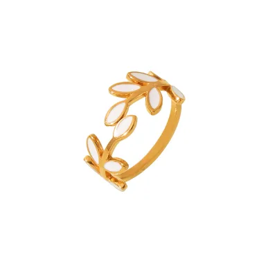 Custom Stainless Steel Leaf Vine Ring, White Enamel Olive Branch Band, Personalized Nature Floral Jewelry for Women and Girls