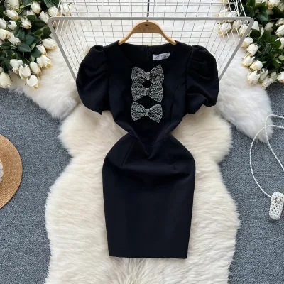 High-End Socialite Party Short Dres Vintage Hollow Prom Dress Bow Bubble Sleeve Slim-Fit Wrap Hip Black Mini Dress