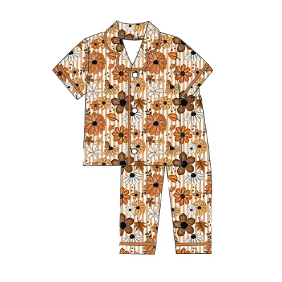 Fall Season Floral Stripe Children Loungewear Lapel Button Short Sleeve Top and Pants Casual Sleep Pajamas