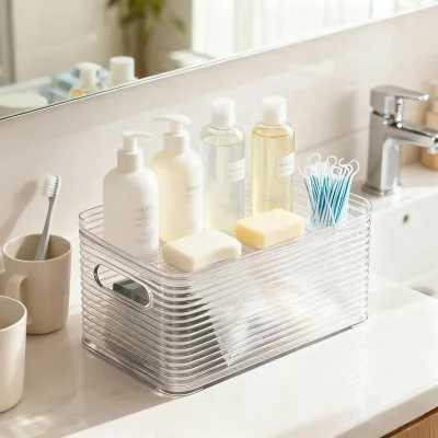 Transparent Eco-Friendly Plastic Cosmetic Storage Container with Multi-functional Lid Modern Design, Transparent Plastic Storage
