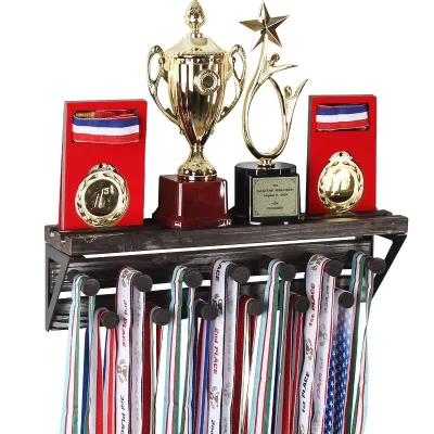 Rustic Wall Mounted Trophy Shelf and Medal Hanger Display Rack Carbonized Wood Award Holder Storage Shelf with Wooden Pegs