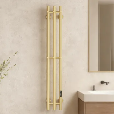 Brushed Gold Vertical Electric Towel Warmer with Smart Touch Control & Timer, Wall-Mounted Heated Towel Rail for Bathroom