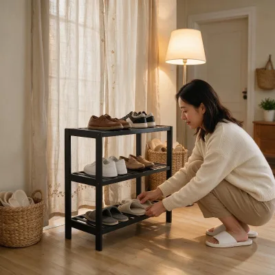 Freestanding 3 Tier Black Bamboo Modern Multifunctional Ventilated Durable Shoe Rack for Living Room