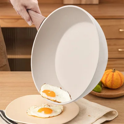 Household White Maifan Stone Non Stick Frying Pan Flat Bottom Cooking Wok Wooden Handle