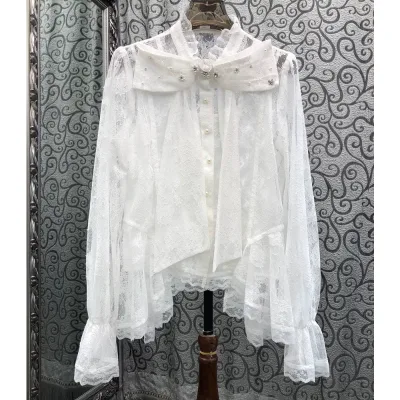 Bow Tie Elegant Lace Shirts 2026 Autumn Fashion Style Women Beading Deco Sexy Asymmetrical Style Long Sleeve Black White Shirts