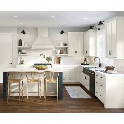 Custom Transitional Gray Shaker Kitchen Cabinets Modern Wood Range Hood Cover L-Shaped Solid Wood Kitchen Cabinet with Island
