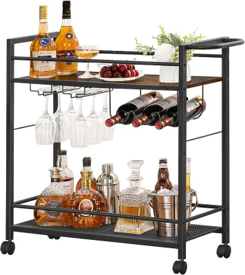 Large Storage 2-Tier Rolling Beverage Cart Wine Rack Glass Holder Home Bar Serving Cart Kitchen Living Room Dining Room-Brown