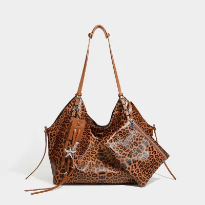 New Trendy Leopard Print PU Leather Large Capacity Tote Y2K Girls Handbag with Pocket Detail Shoulder Purse for Errands Campus