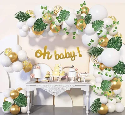 Safari Baby Shower Decorations Girl Boy Neutral, Oh Baby Banner White Balloon Arch Garland Kit with Boho Green Ivy Leaf