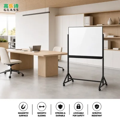 US Home Office Clear Glass Whiteboard with Wheels Magnetic Dry Erase Board, 4mm Tempered Glass Modern Black/White Frame Gaoleshi