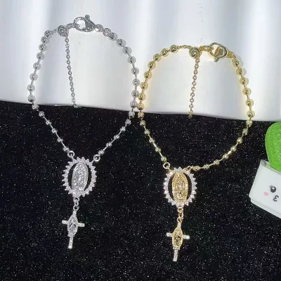 CH-LAT0640 Fashion Zircon Cross Religion Charm Bracelet Gold Plated Copper Vingor Mary Bracelet Religious Jewelry Wholesale