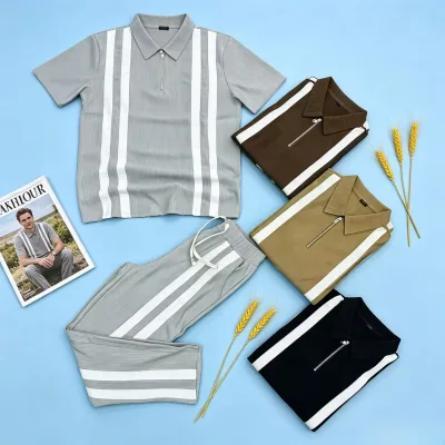 8 Dollar MXJ073 Men's Striped 2 Piece Outfit Polo Short Sleeve Shirt+Elastic Waist Pants,Waffle Knit Casual Tracksuit Set