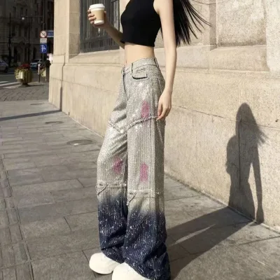 Starry Night Breathable Casual Simple Denim Jeans with High Waist Loose Fit Wide Leg