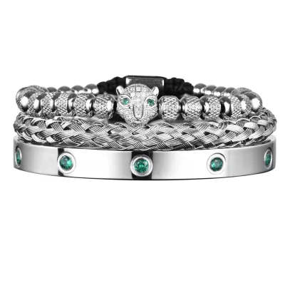Hot Selling Cross Border Micro Inlaid Leopard Head Green Zircon Ten Diamond Wholesale Men's Stainless Steel Bracelet Set