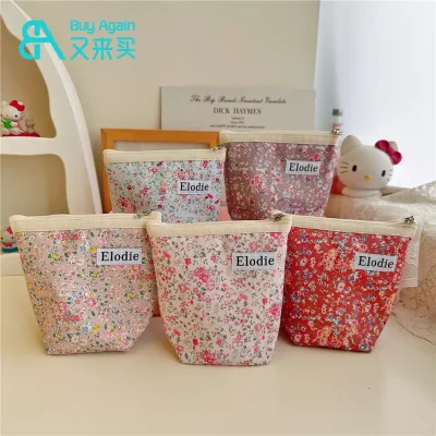 High Quality Handmade Large Capacity Vintage Flower Print Soft Floral Fabric Cotton Cloth Make up Bag Cotton Makeup Cosmetic Bag