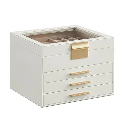 Modern Style White 4-Layer Jewelry Storage Box with Glass Lid and 3 Drawers Organizer Case for Rings Earrings Necklaces