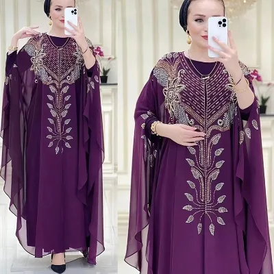 Traditional Cross-Border Muslim Clothing for Women Short-Sleeved Diamond Robe Chiffon Heavy Industry Hot 8623 for African