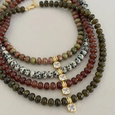 New Fall Natural Stone Gemstone Beaded Necklace with Gold Plated Zircon Pendant Boho Vintage Layered Jewelry