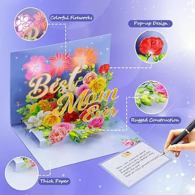 3D Pop up Birthday Card for Mom, Lights & Music 3D Happy Mothers Day Cards, Best Mom Ever Flower Cards with Luxury Envelope
