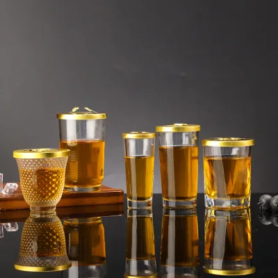 Multi Shape Clear Glass Drinking Cup with Golden Lid Elegant Small Shot Glass for Home Bar Party Gift Set Table Decoration