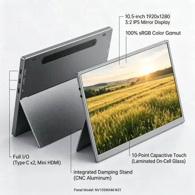 Portable 10.5-16" Anti-glare Touch Monitor Full HD External Display for Outdoor Work & Daily Entertainment
