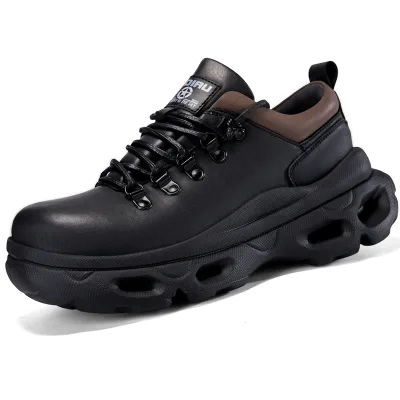 Fashion Men's Genuine Leather Motorcycle Boots Derby Shoes Thick Sole Hiking Boots Work Shoes Soft Outdoor Walking Sneakers