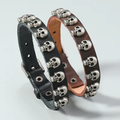 HW New Jewelry European American Punk Style Men's Bracelet Minimalist Versatile Retro Alloy Skull Leather Bracelet