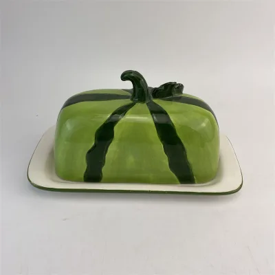 Handmade Custom Watermelon Shape Covered Cheese Dish Butter Severving Tray Ceramic Butter Dish With Lid