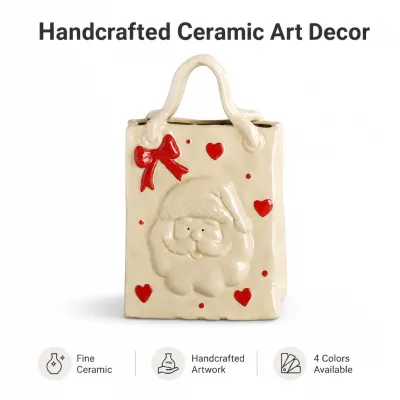 Christmas Tabletop Decor Ceramic Santa Claus Gift Bag Figurine Handcrafted Art with Red Bow for Shelf Mantel Gift