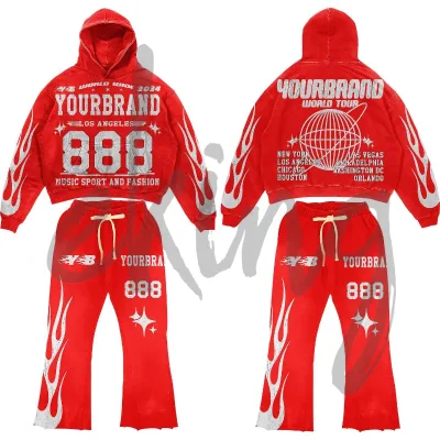 Custom Men's Sweatpants and Hoodie Set Acid Washed Distressed Printed Graphic Cotton Essentials Oversize Boxy Cropped Hoodie Set