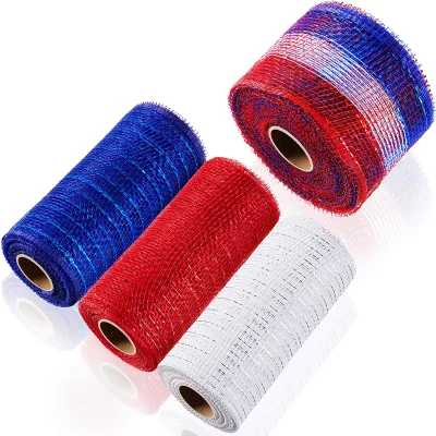 Poly Mesh Ribbon Deco Metallic Patriotic Mesh Metallic Foil Red White Blue Mesh Rolls for DIY Patriotic Project Wreaths Party