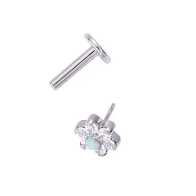 ASTM F136 Titanium Press Fit Opal CZ Gem Threadless Flower Top Labret Stud Lip Piercing Jewelry