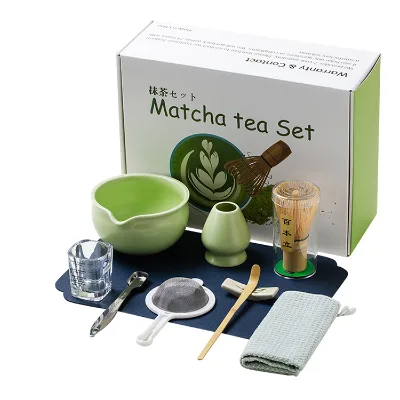 Hot Selling Ceramic Matcha Whisk Set Handmade Bamboo Whisk Tea Spoon Stainless Steel Sifter Glass Cup Tea Towel 10pcs Matcha Kit