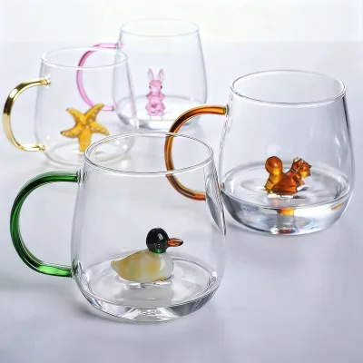 Cute 3D Dimensional Animal Glass Cup Mug, Single Layer Transparent Modern Drinking Glass Rose Duck Cat Flamingo Rabbit
