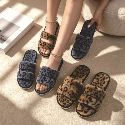 New Leopard-print Cross-strap Fluffy Polar Fleece Women's Fashionable Open-toe Indoor-outdoor Mule-style for EVA Outsole