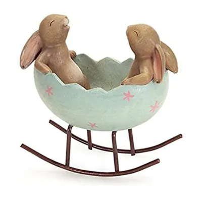Laughing Bunny Rabbits Rocking in an Easter Egg Cradle Spring Easter Decoration Vintage Rustic Country Bunnies Rabbit Figurine