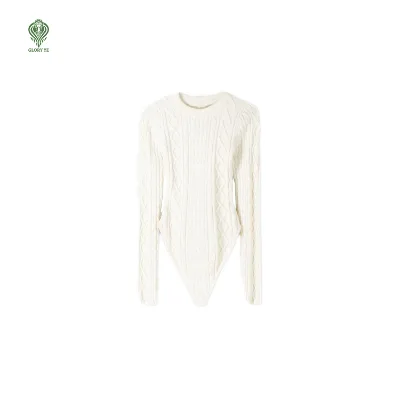Wholesale Custom logo Oem & Odm Long Sleeves Crew Neck Cable Knit Pure Cotton Women's Knit Bodysuit Sweater