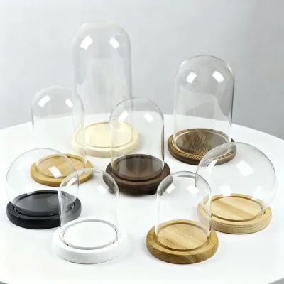 High Borosilicate Glass Dome Bell Jar Display Wooden Base Led Glass Side Switch Battery Operated Led Light up