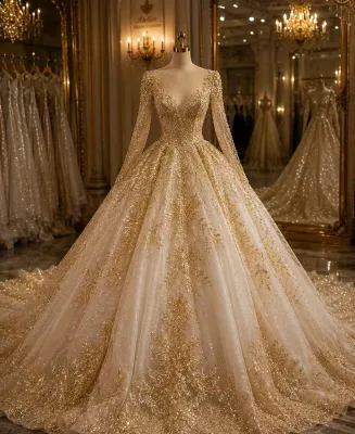 Elegant Wedding Dress V Neck Long Sleeve Lace up Back Beaded Sequined Bridal Ball Gown Customizable Fit for Special Occasions