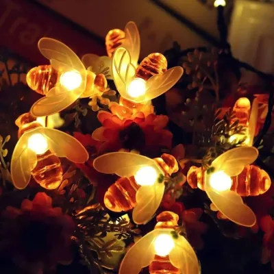 Solar Powered Bee Shape String Lights 20 LED 5M Soft Warm White IP65 Rated Small Battery Included 360 Beam Angle for Garden