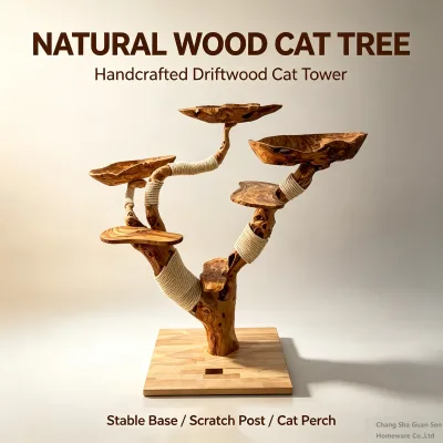 Natural Driftwood Cat Tree Solid Wood Cat Tower Custom Handmade Cat Furniture