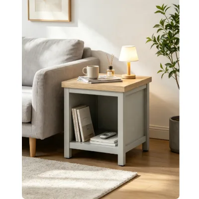 Grey Frame Oak Top End Table, Square Nightstand with Open Storage Compartment
