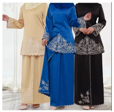 2024 Custom Embroidery Baju Kurung Sets Malay  Muslim 2 Sets Wear Tunic Skirts Sets