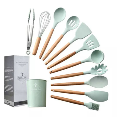 Wood Handle Silicone Cookware rubber Kitchen Cooking Tools Utensils 12 Piece Set