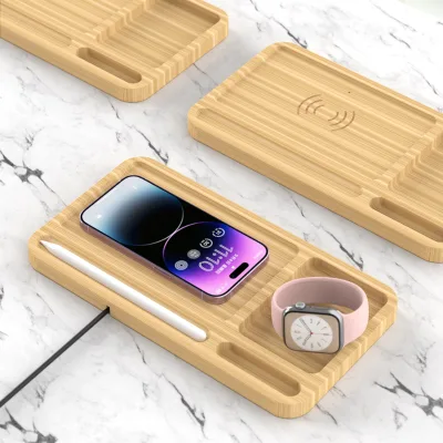 Wholesale Custom 5W 10W 15W Bamboo Desk Organizer Wireless Charging Pad for Office Devices