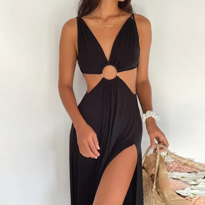 Summer Solid Y2K Natural Casual Knee-Length Sleeveless Hollow Digital Printing Slim Fit Ladies Dress