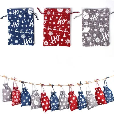 2024 New Arrival 10*14Cm Christmas Gift Bags Suit With Wooden Clip Screen Printing Christmas Gift Pouch