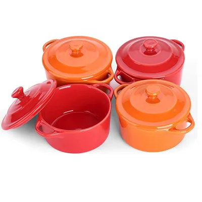 Custom Ceramic Ramekin Handles Lid Stoneware Mini Bakeware Wholesale Terracotta Cake Pudding 4oz Microwave Safe Dishwasher Safe