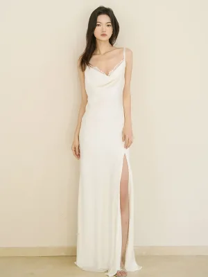 French Lace Spaghetti Strap Satin Evening Dress High-end Banquet Celebrity Floor-Length Bride Wedding Engagement